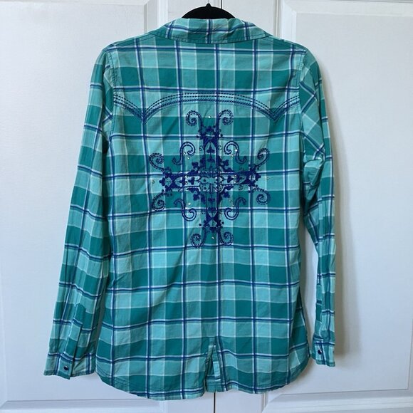 Y2K Rock 47 by Wrangler Pearl Snap Shirt Womens M Blue Plaid 2000s Western - Picture 2 of 7